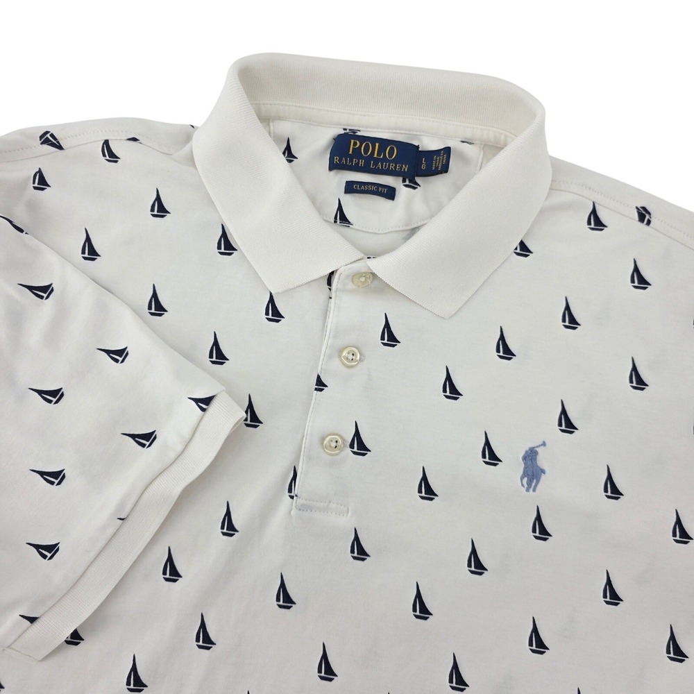 Polo Ralph Lauren Mens Classic Fit Sailboat Print Golf‎ Polo Shirt White Large